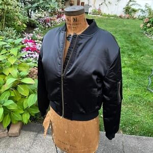 Seek The Label Women Black Bomber Jacket Satin Lace Up Back Grunge Goth Y2K Sz S